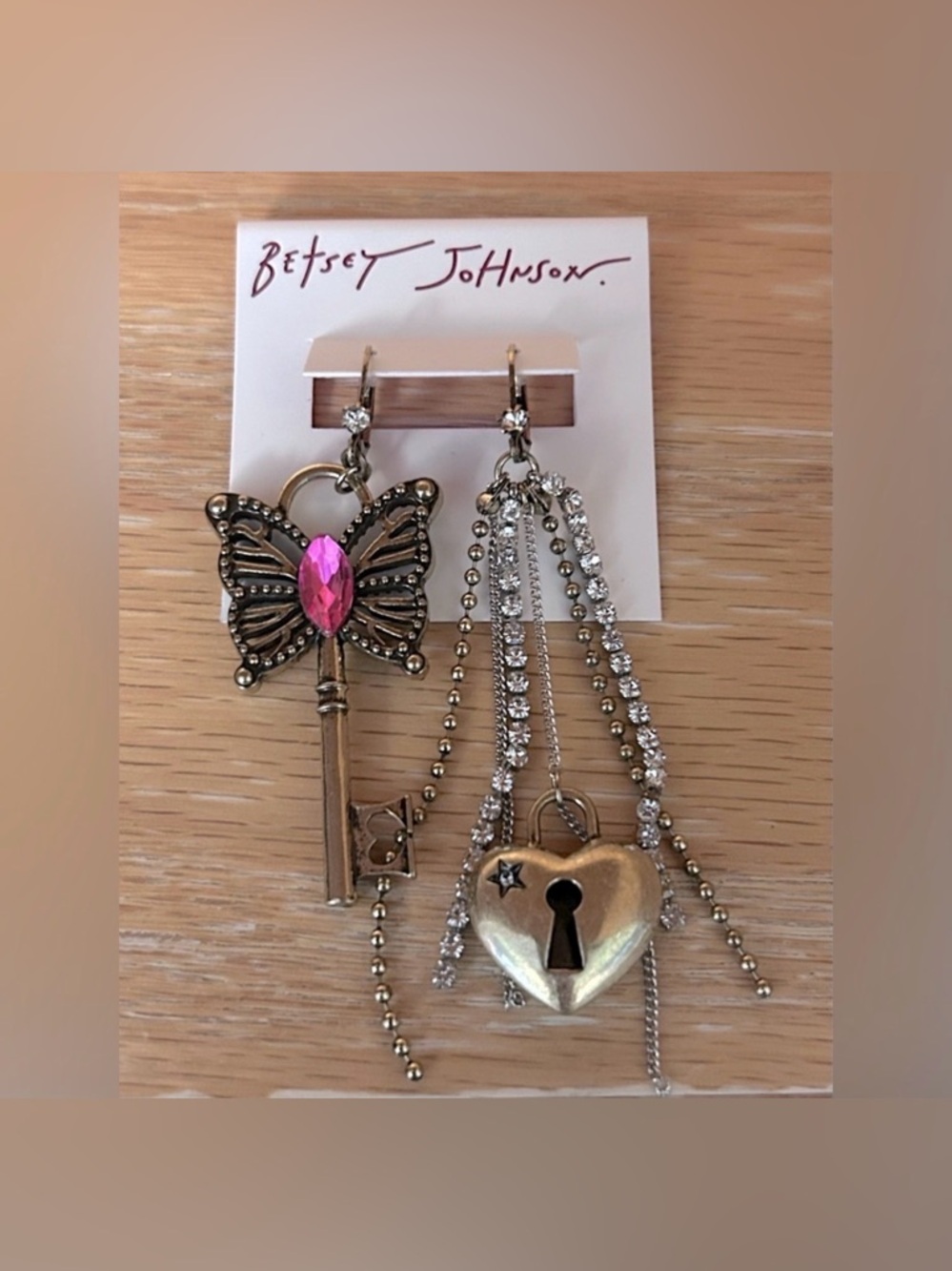 Betsey Johnson Heart Key Butterfly Earrings - Gold Tone - NWT
